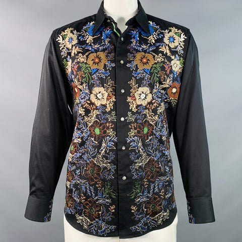 ROBERT GRAHAM Size L Black Multi Color Floral Embroidery Cotton Long Sleeve Shirt