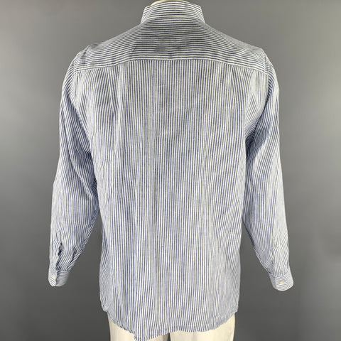 MAHARAJA'S Size XL Blue White Stripe Linen Pointed Collar Long Sleeve Shirt