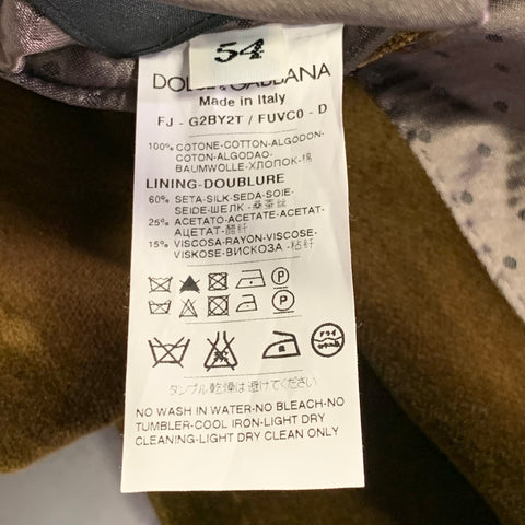 DOLCE & GABBANA Size 44 Regular Brown Velvet Cotton Slim Fit Peak Lapel Sport Coat