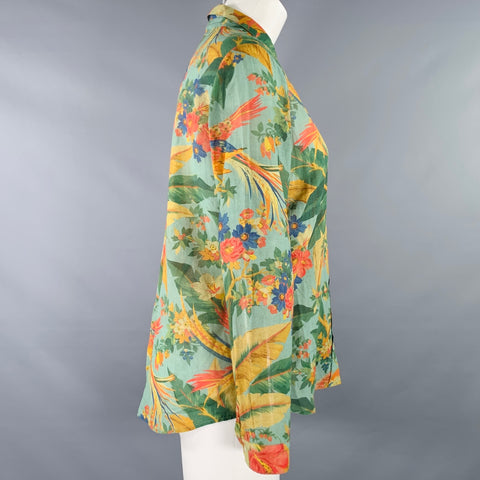 SEZANE Size 4 Green Multi Color Cotton Silk Floral Long Sleeve Blouse