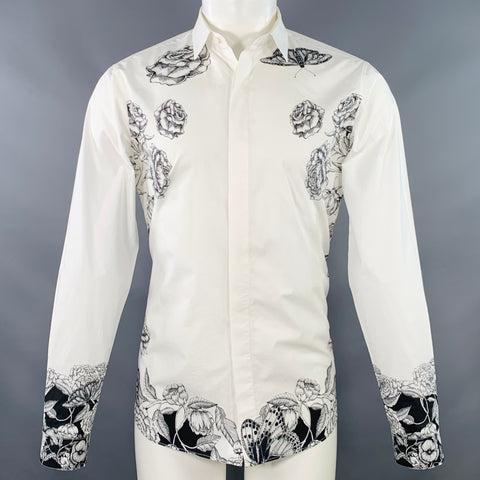 VALENTINO 2021 Size M White Black Floral Cotton Button Up Long Sleeve Shirt