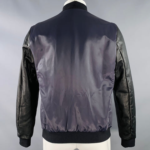 THEORY Size M Navy Black Two Toned Polyamide Lambskin Leather Varsity Jacket