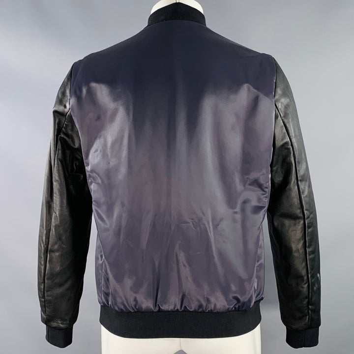 THEORY Size M Navy Black Two Toned Polyamide Lambskin Leather Varsity Jacket