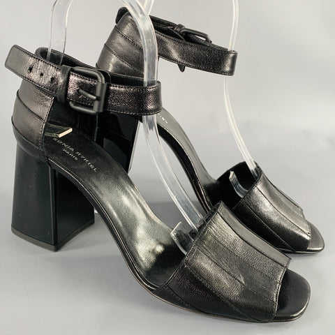 SONIA RYKIEL Size 10 Black Leather Stripe Ankle Strap Sandals