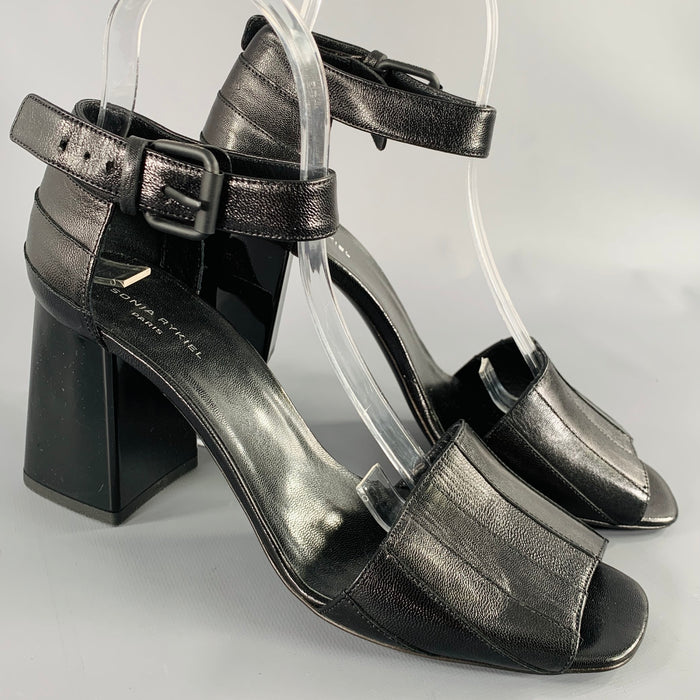 SONIA RYKIEL Size 10 Black Leather Stripe Ankle Strap Sandals