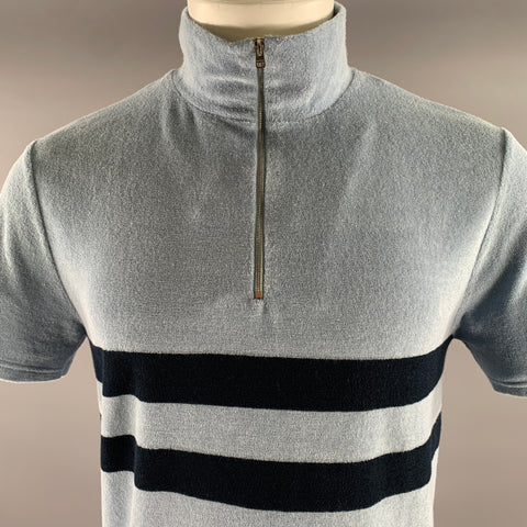 RON DORFF Size M Blue Navy Stripe Cotton Blend Terry Zip Mock Neck Short Sleeve Polo