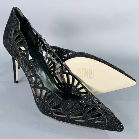 GIORGIO ARMANI Size 8 Black Suede Rhinestones Cutout Stiletto Pumps