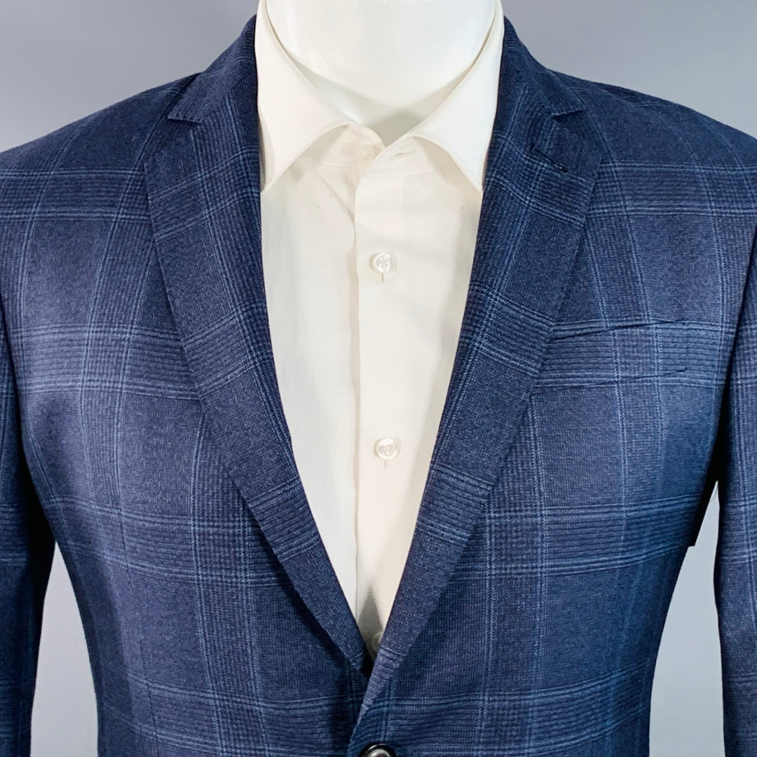 BROOKLYN TAILORS Size 38 Regular Blue Plaid Wool Notch Lapel Sport Coat