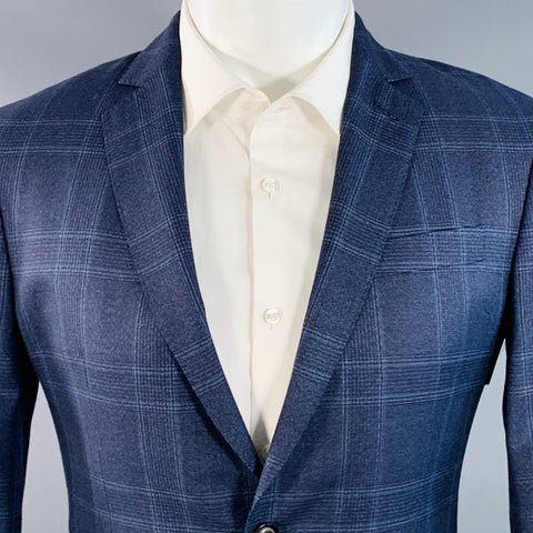 BROOKLYN TAILORS Size 38 Regular Blue Plaid Wool Notch Lapel Sport Coat