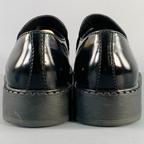 PRADA Size 12 Black Silver Logo Leather Split Toe Slip On Loafers