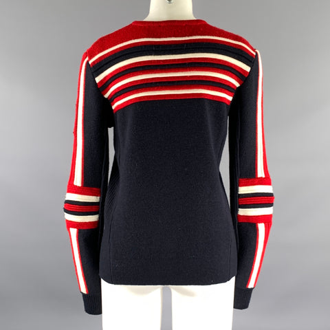 MAJE Size S Navy Red Wool Blend Stripe Crew-Neck Sweater