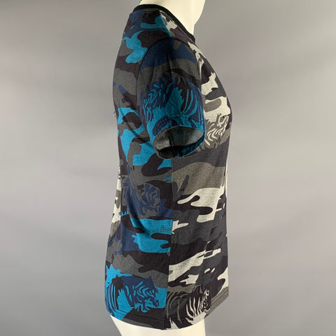 VERSACE Size S Navy Grey Black Tiger Camo Cotton Panelled T-shirt