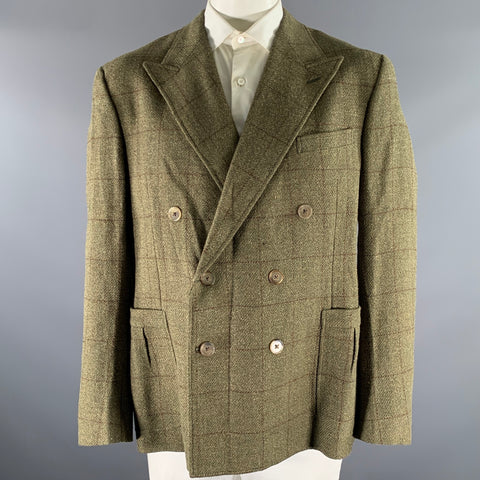 RALPH LAUREN Size 46R Green Brown Window Pane Wool Linen Silk Sport Coat