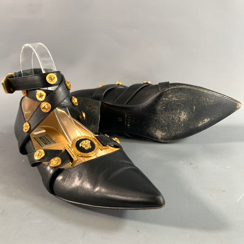 VERSACE Size 6 Black Gold Leather Medusa Pointed Toe Flats