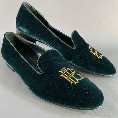 RALPH LAUREN Size 8.5 Green Velvet Monogram Slip On Flats