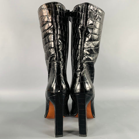 PACIOTTI Size 8 Black Leather Croc Embossed Side Zipper Boots
