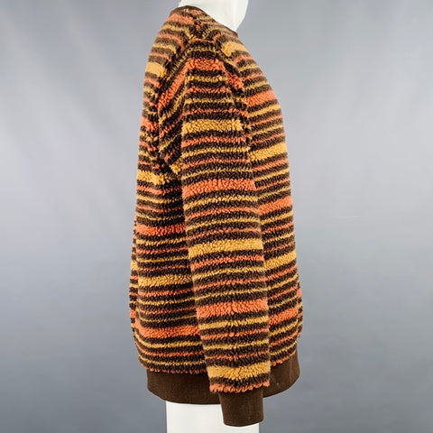 BEAMS PLUS Size M Brown Orange Yellow Stripe Faux Shearling Crew Neck Sweater