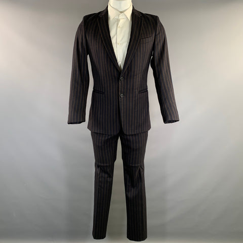 DRIES VAN NOTEN Chest Size 38 Navy Brown Stripe Wool Blend 31 30 Suit