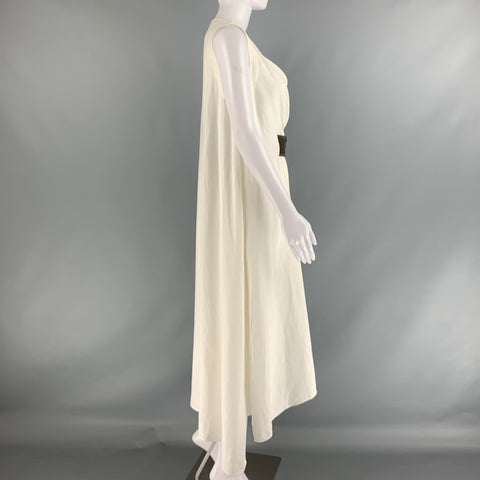 BRUNELLO CUCINELLI Taille S Robe ceinturée en lin viscose marron blanc