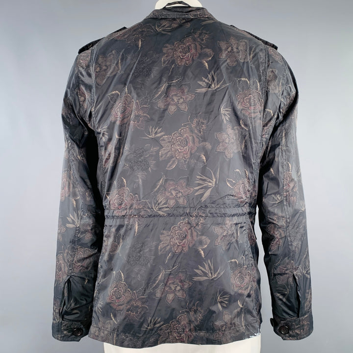 ETRO Size XL Black Tan Floral Polyamide Epaulettes Jacket