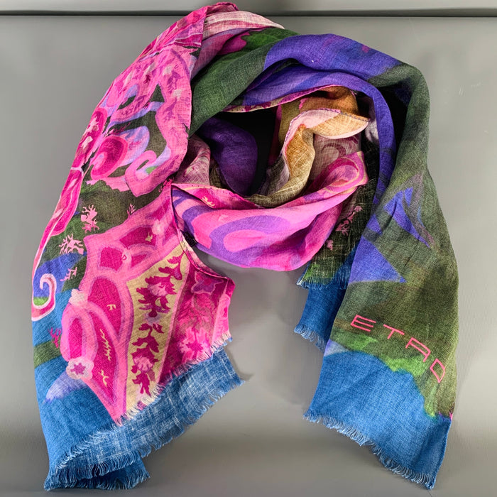 ETRO Pink Green Watercolor Linen Scarf