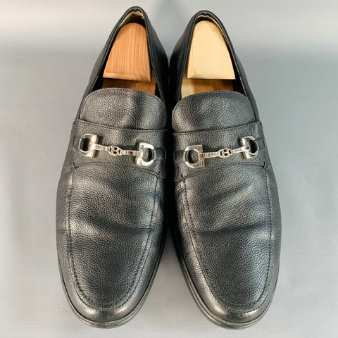 BALLY Size 12 Cadore Black Silver Tone Pebble Grain Leather Horsebit Loafers