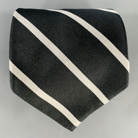 BROOKS BROTHERS Black Cream Diagonal Stripe Silk Tie