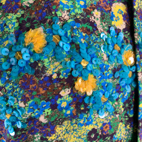 DRIES VAN NOTEN Size XS Green Blue Floral Viscose Sequined Long Sleeve Shirt