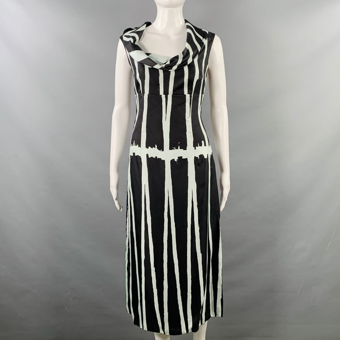 MIU MIU Size 4 Black Light Blue Silk Stripe Cowl Collar Dress