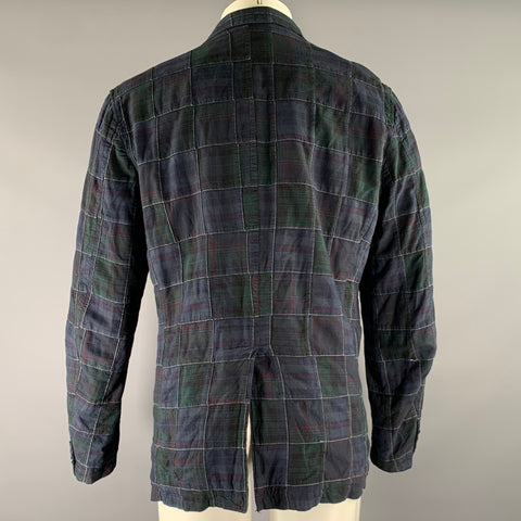 ONES STROKE Chest Size XL Navy Green & Red Plaid Cotton Notch Lapel Sport Coat