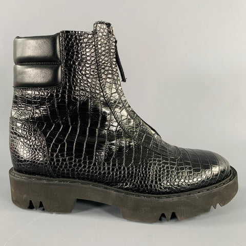 AQUATALIA Size 11 Black Leather Croc Embossed Zip Up Boots