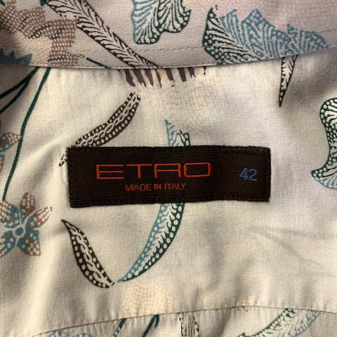 ETRO Size XL White Blue Brown Floral Long Sleeve Shirt