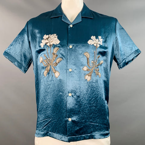 GOODFIGHT Size L Blue Grey Venus Fly Trap Embroidery Satin Camp Short Sleeve Shirt