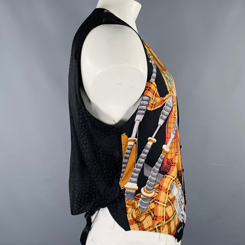 TED SALUTO Size L Black Multi Color Print Silk Buttoned Vest