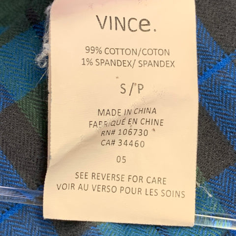 VINCE Size S Green Blue Plaid Cotton Blend Raw Edge Long Sleeve Shirt
