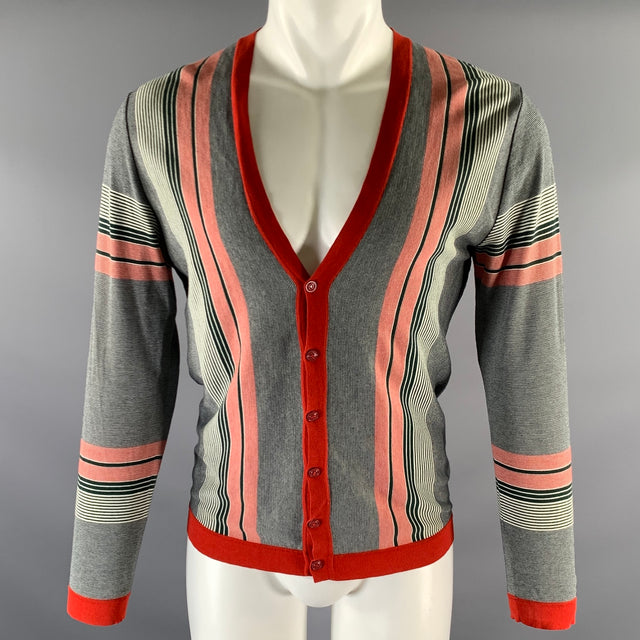 GUCCI Size S Red Green Navy Stripe V-Neck Cardigan