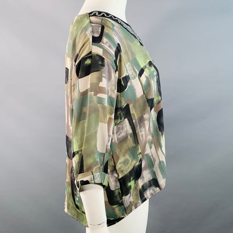 EMILIO PUCCI Size L Green Black Silk Graphic Sequined Cuffed Blouse