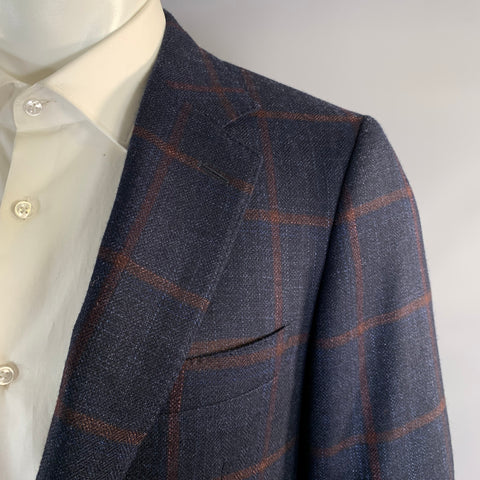 CANALI Chest Size 40 Navy Burgundy Window Pane Wool & Cashmere Sport Coat