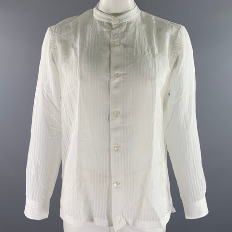TODD SNYDER Size L White Stripe Cotton Silk Band Collar Long Sleeve Shirt