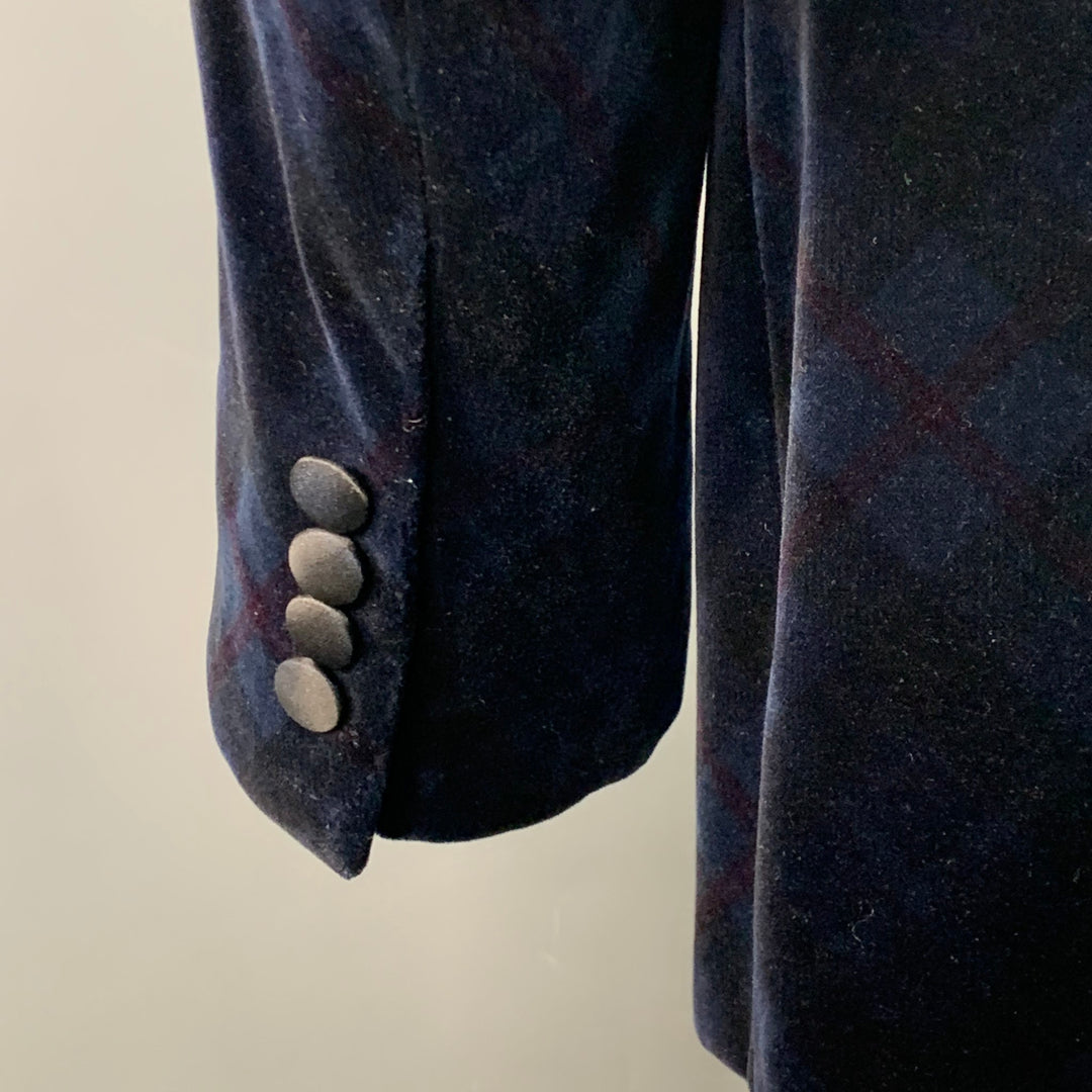 ARMANI COLLEZIONI Size 42 Navy Black Plaid Cotton Velvet Peak Lapel Sport Coat
