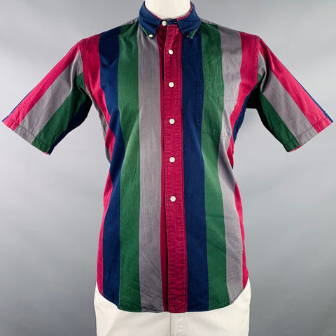 KAMAKURA SHIRTS Size L Multi Color Stripe Cotton One pocket Short Sleeve Shirt