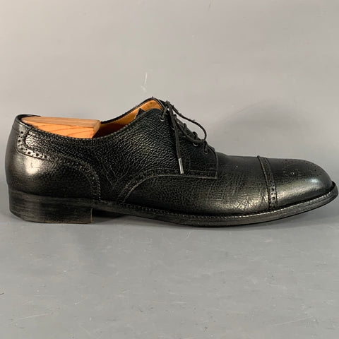 SALVATORE FERRAGAMO Size 10.5 Black Perforated Pebble Grain Leather Derby Lace-Up Shoes