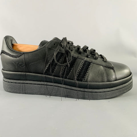 Y-3 Size 11 Hicho Black Leather Lace-Up Sneakers