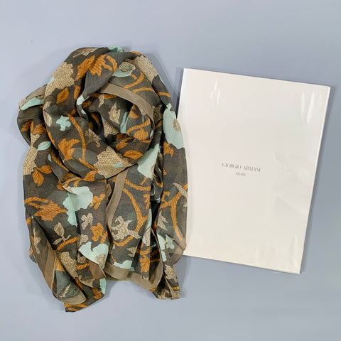 GIORGIO ARMANI Brown Turquoise Abstract Floral Silk Scarf Shawl
