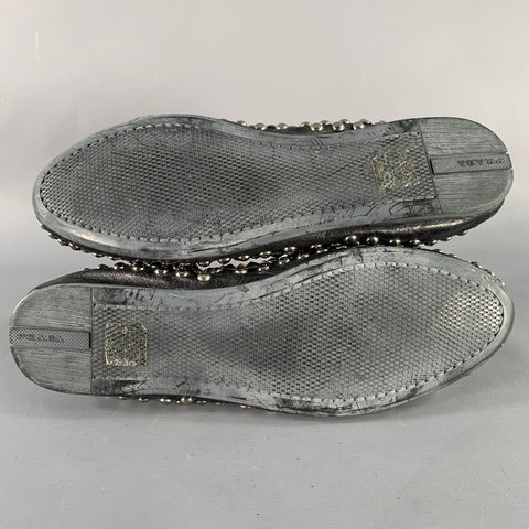 PRADA Size 7.5 Black Silver Leather Studded Slip On Loafers Flats