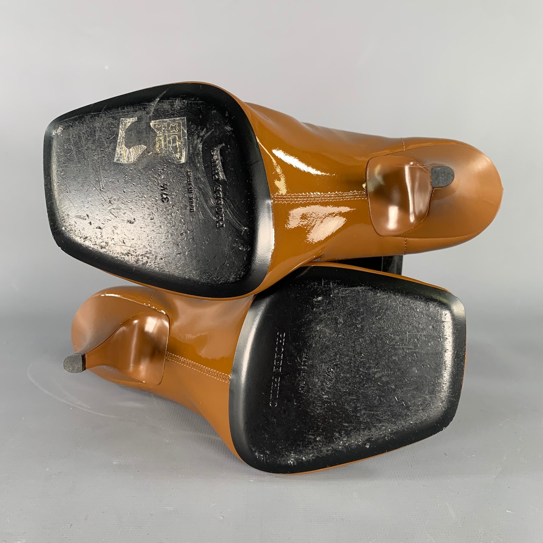 PHOEBE PHILO Size 7.5 Camel Patent Leather Square Toe Boots