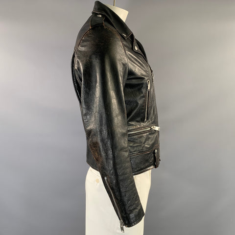 SAINT LAURENT Size 42 Black Distressed Leather Biker Jacket