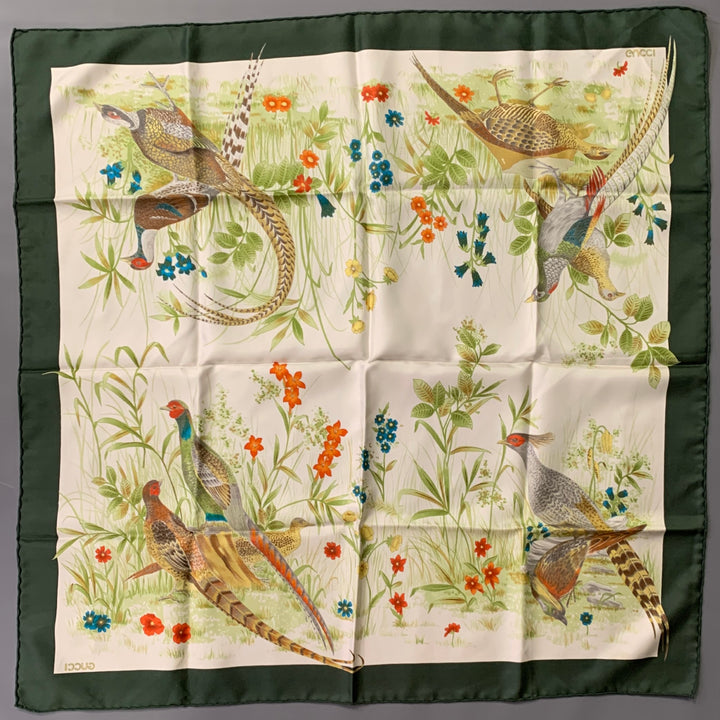 GUCCI Green Multi Color Birds Silk Square Scarf Shawl
