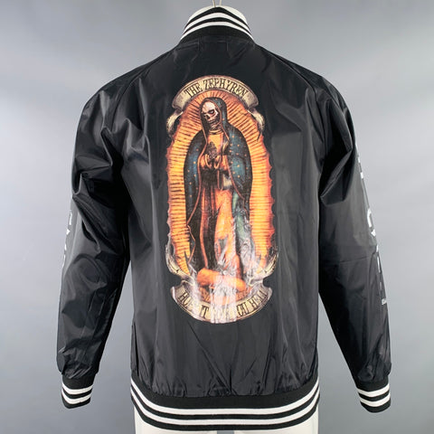 ZEPHYREN Size M Black White Print Polyester Bomber Jacket