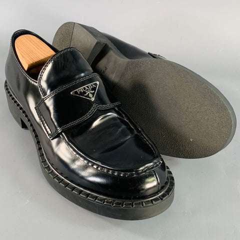 PRADA Size 12 Black Silver Logo Leather Split Toe Slip On Loafers